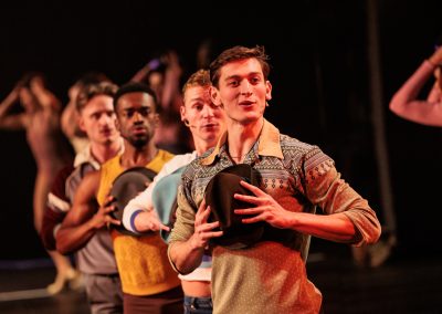Alex Smith as Bobby (foreground) with PJ Palmer as Mark, Treston J. Henderson as Richie, and Victor Carrillo Tracy as Pau inl The REV Theatre Company’s production of A CHORUS LINE at the Merry-Go-Round Playhouse in Auburn, NY.